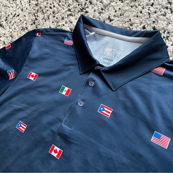 Adidas Polo Shirt Navy Blue North America Flags Print Mazda Logo Men’s Large - Picture 9 of 13